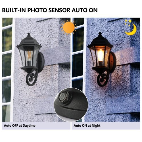 10a25b18-86b3-41cb-96f1-7a42252cf4ca.jpg Outdoor Waterproof Retro Wall Light – 2-Pack Black Aluminum with Clear Bubble Glass & Light Sensing